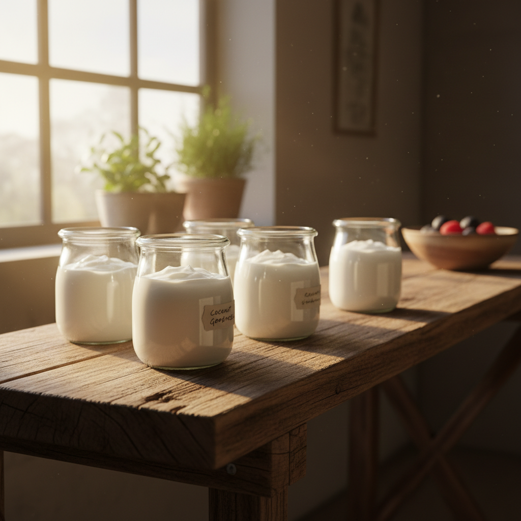 Glass jars of coconut yogurt setting on a wooden shelf in warm morning light