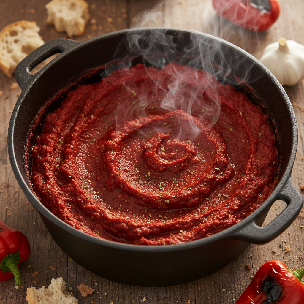 Deep red pâte rouge in cast iron pot with steam rising overhead shot