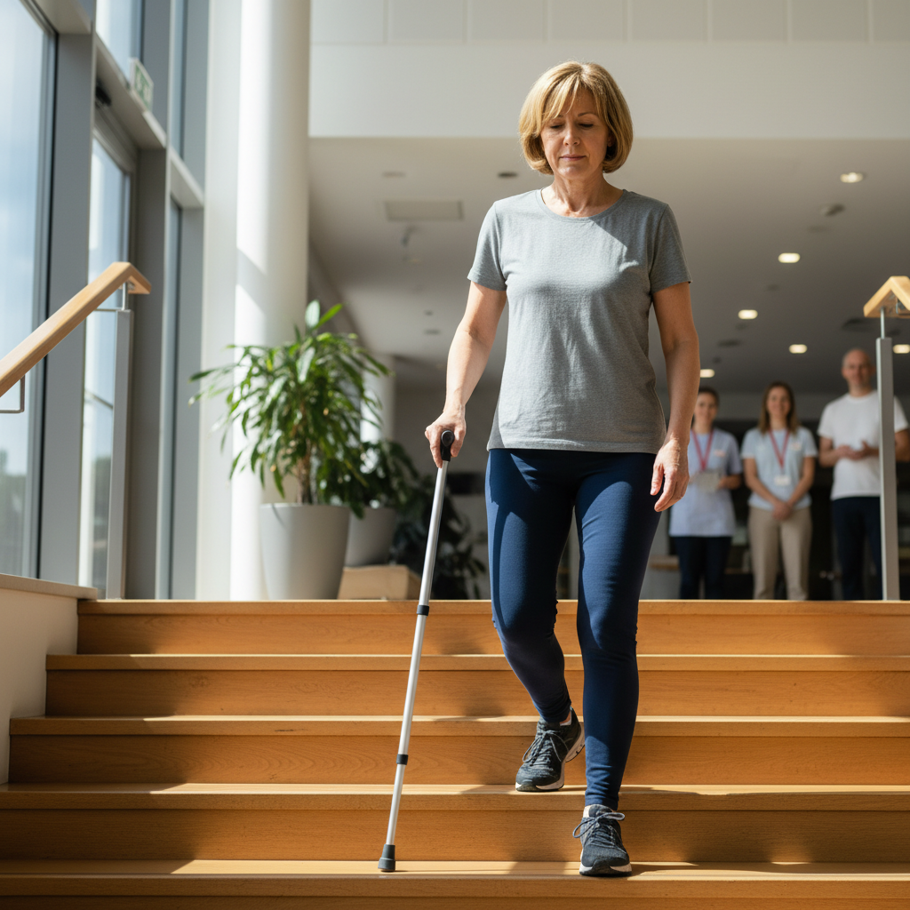 Patient climbing stairs independently one week after hip replacement surgery