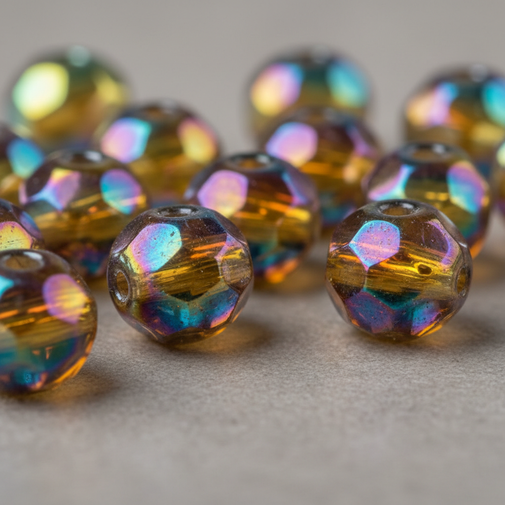 Macro photography of Czech fire-polished beads showing aurora borealis AB coating — iridescent rainbow shimmer visible on rounded facets