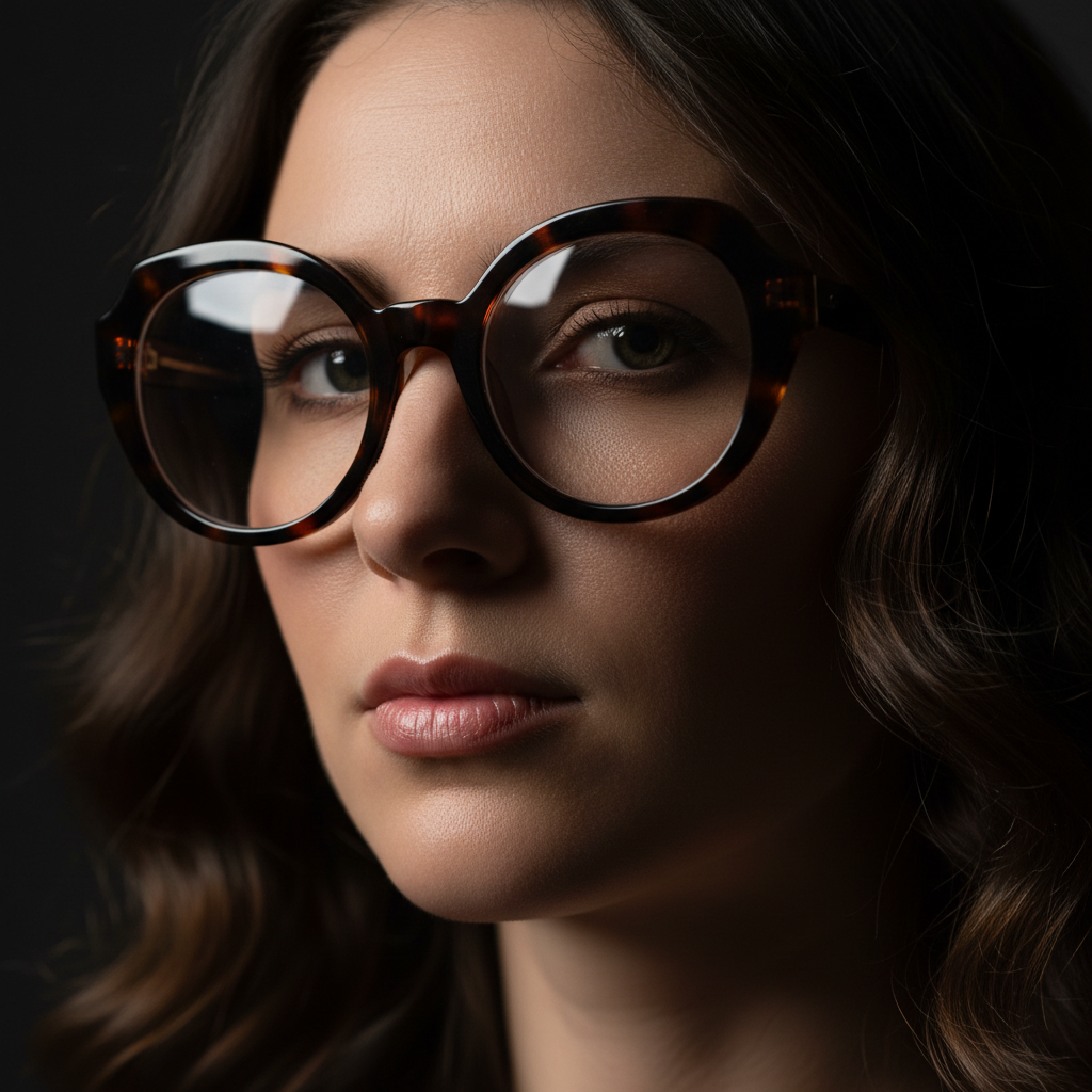 Studio portrait of woman in oversized round acetate frames with dramatic side lighting