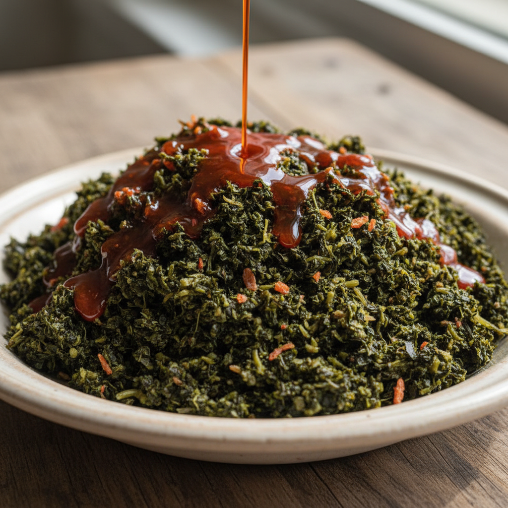 Dark green cassava leaf stew in a clay pot with palm oil gloss