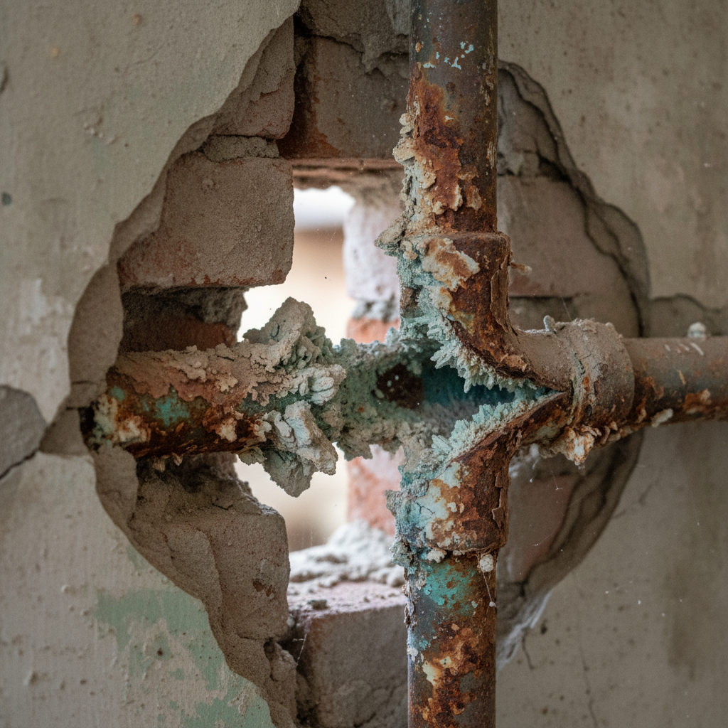 Corroded water pipes with visible mineral scale deposits and rust inside a building wall