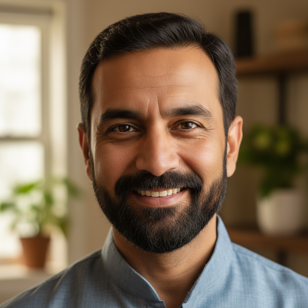 Indian man with grey beard and glasses smiling warmly at camera