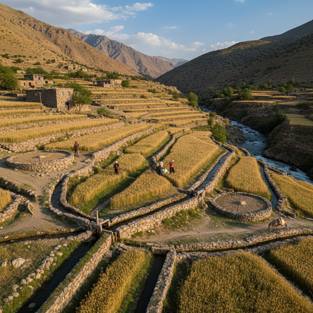 Terraced agricultural farms on Andean hillsides in Cusco at golden hour