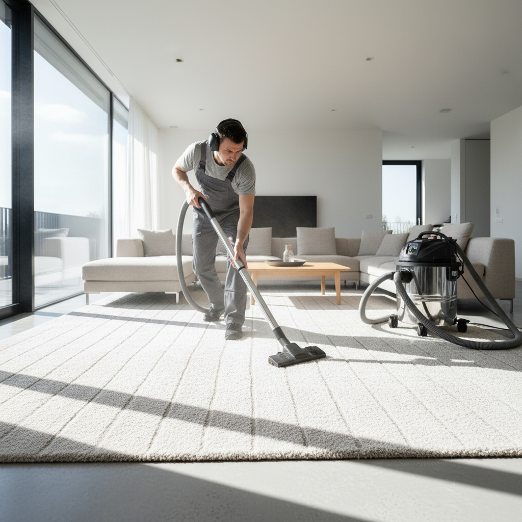 Professional technician performing deep extraction cleaning on living room carpet with commercial equipment