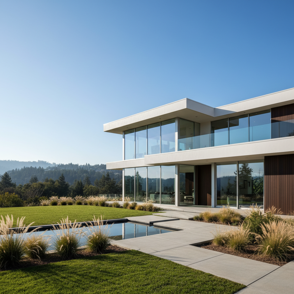 Modern luxury house exterior in bright midday sunlight with green lawn