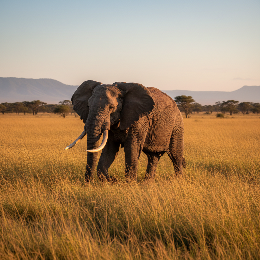 African elephant bull with massive tusks walking through mopane woodland, low dramatic sunset light, dark tree silhouettes