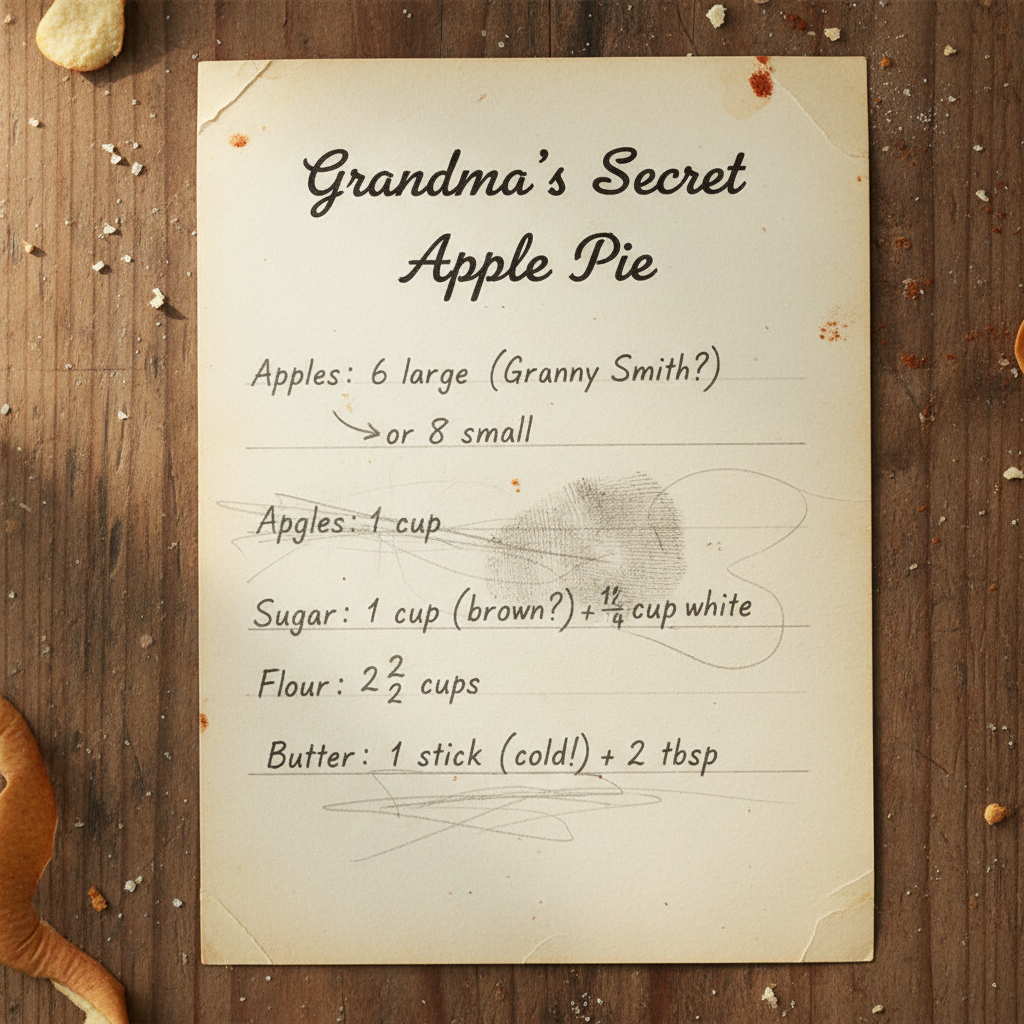 Handwritten recipe card with smudged pencil notes and ingredient measurements