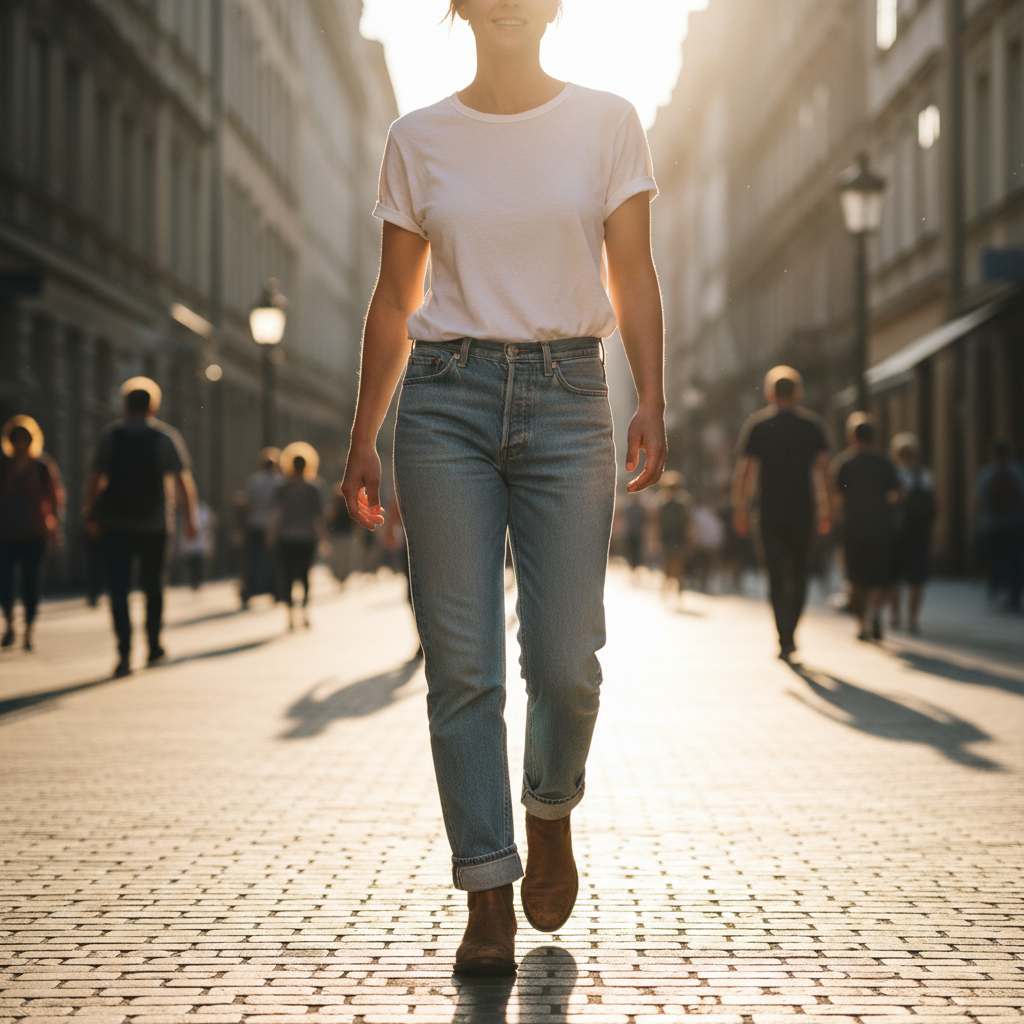 Person wearing cuffed vintage denim with white tee walking on sun-lit street
