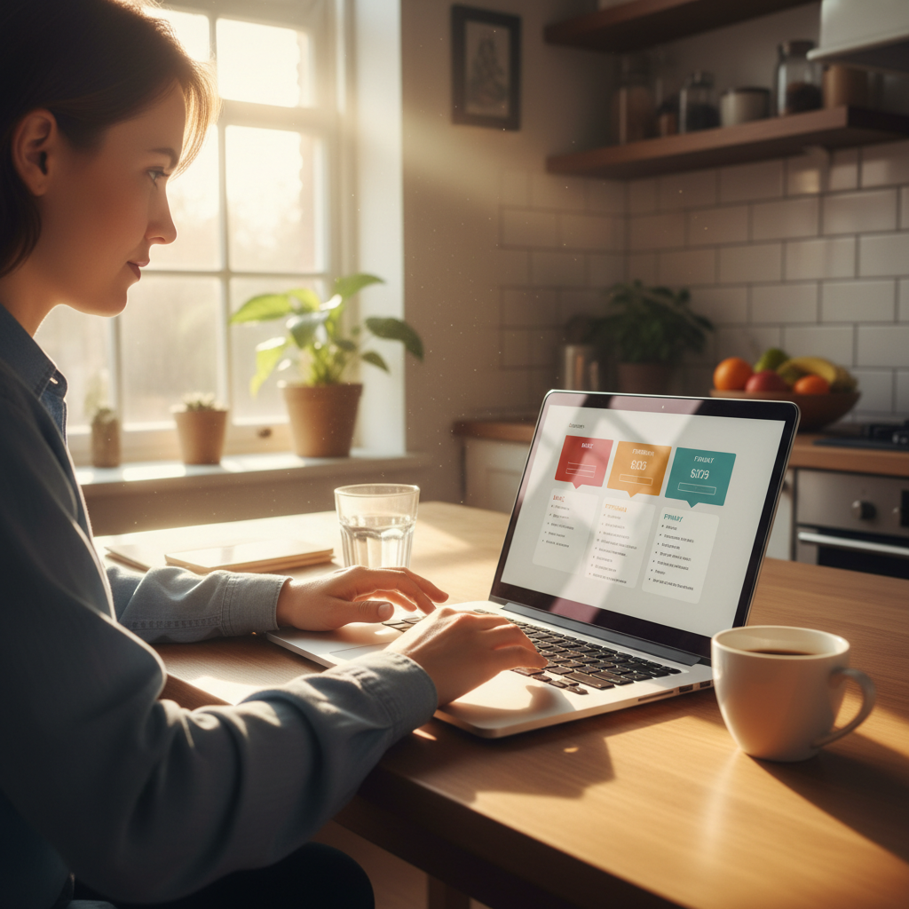 Person browsing subscription options on laptop at bright kitchen table, morning light
