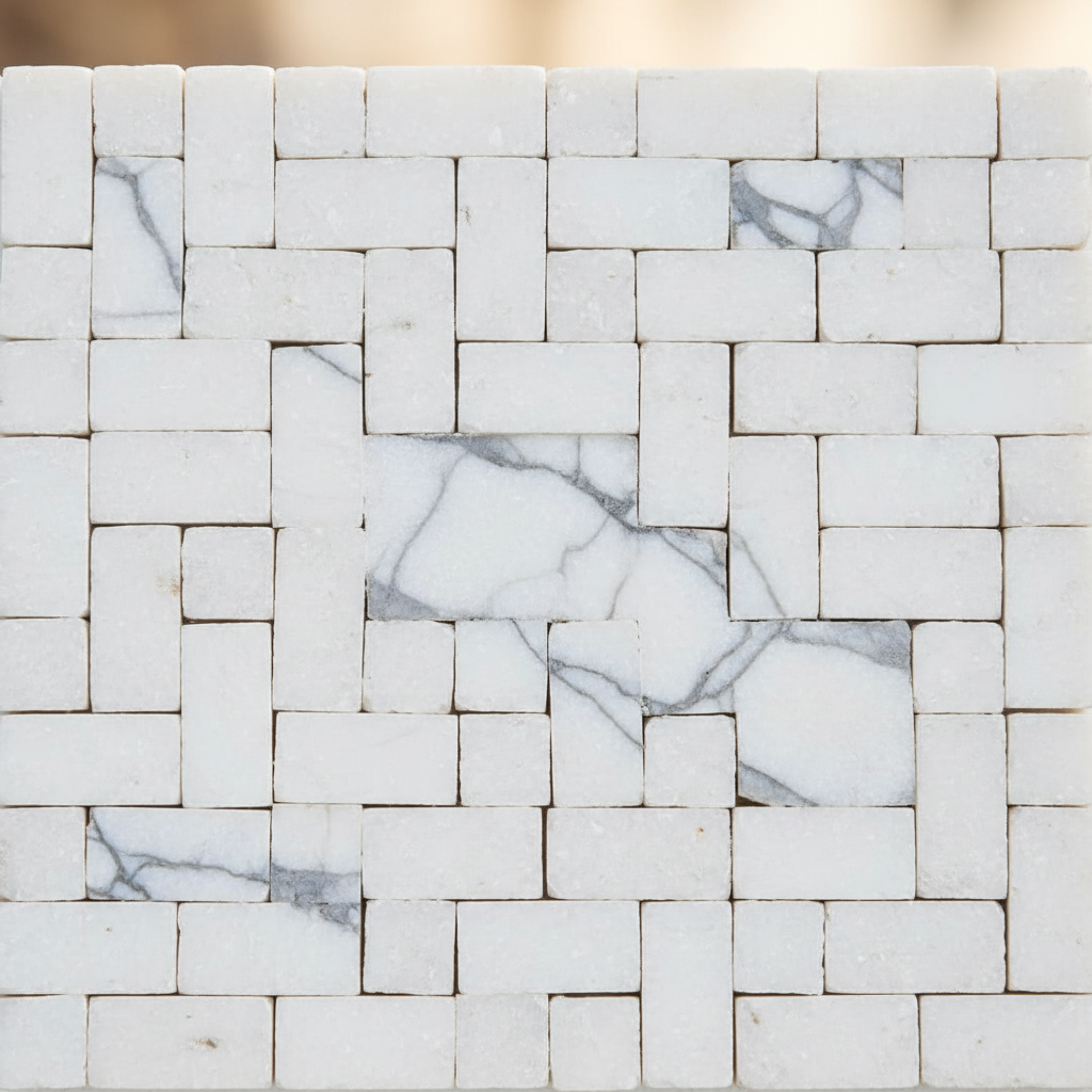 Close-up of elegant white and grey marble-effect vitrified tiles with natural veining in bright showroom