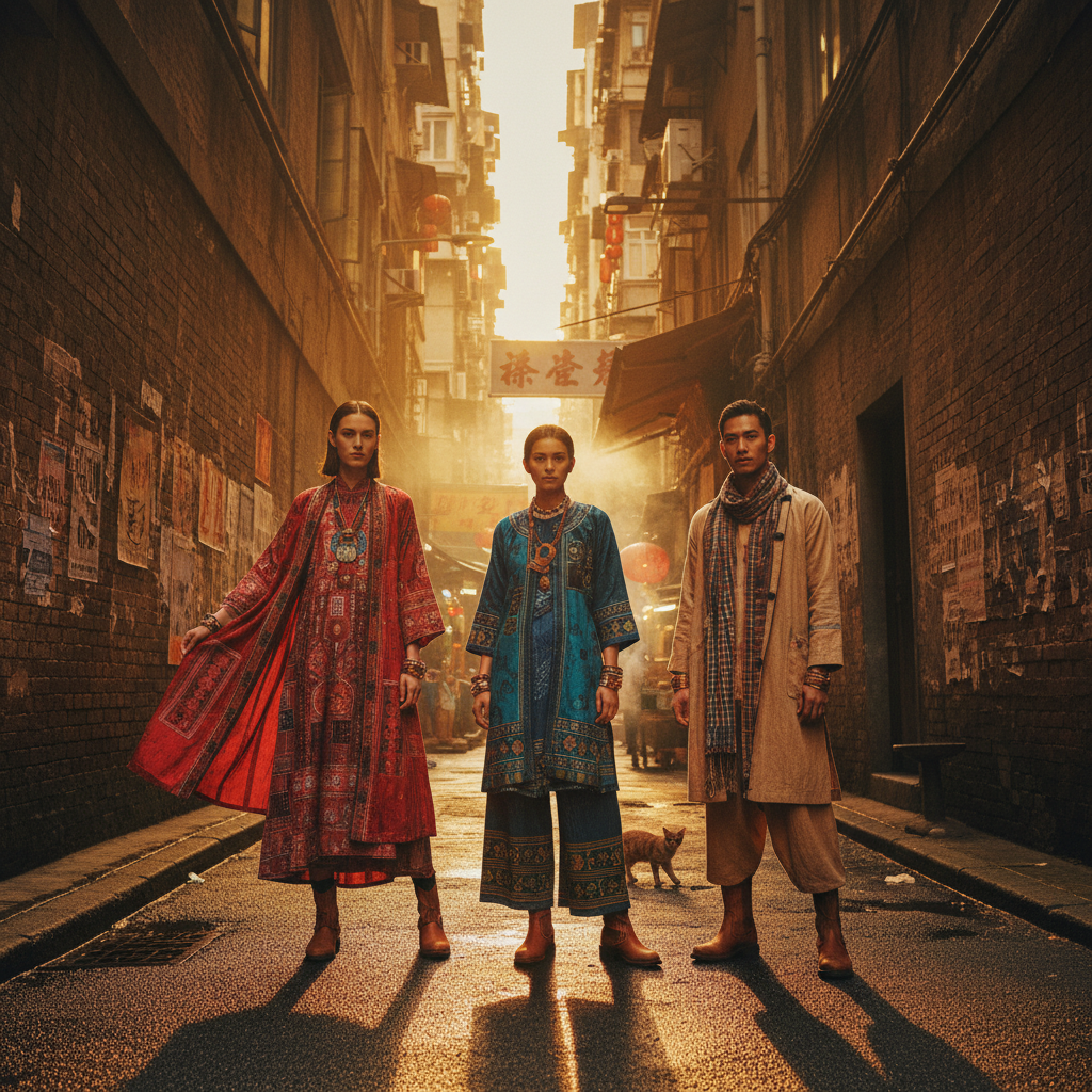 Wide editorial shot of three models wearing full Thread heritage outfits in a Kowloon alleyway at golden hour