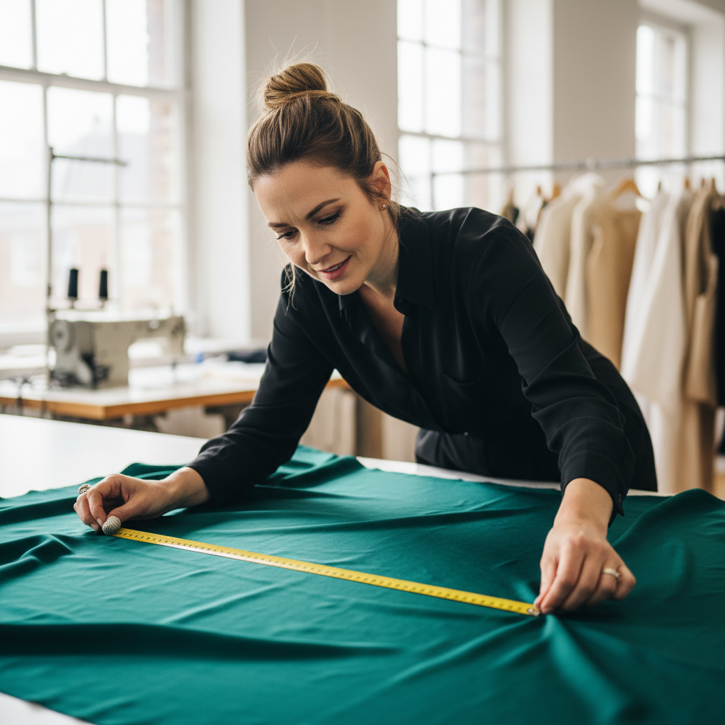 Fashion designer examining silk fabric in a bright studio, professional setting, dark moody background