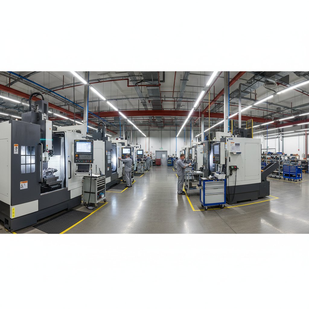 Industrial manufacturing facility with precision equipment and skilled workers
