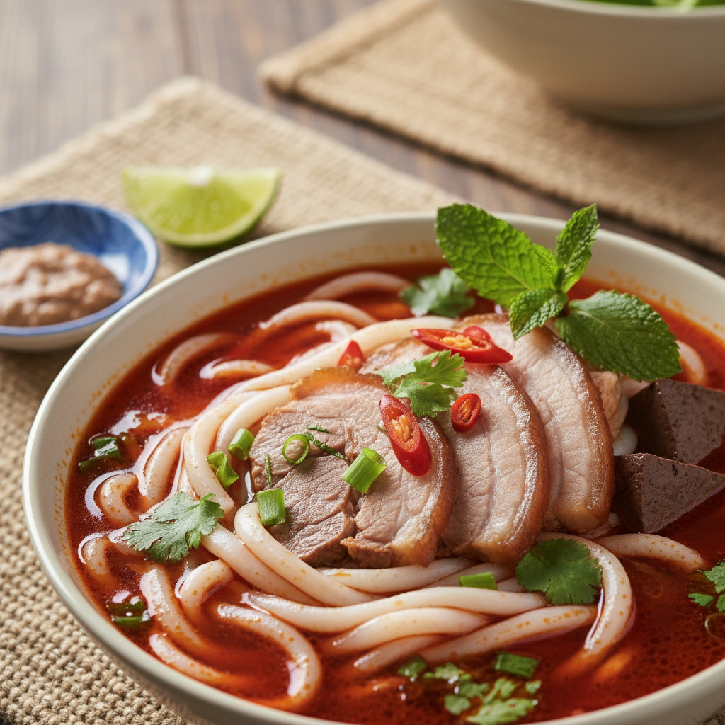 Bowl of bun bo hue with thick noodles red broth and pork hock