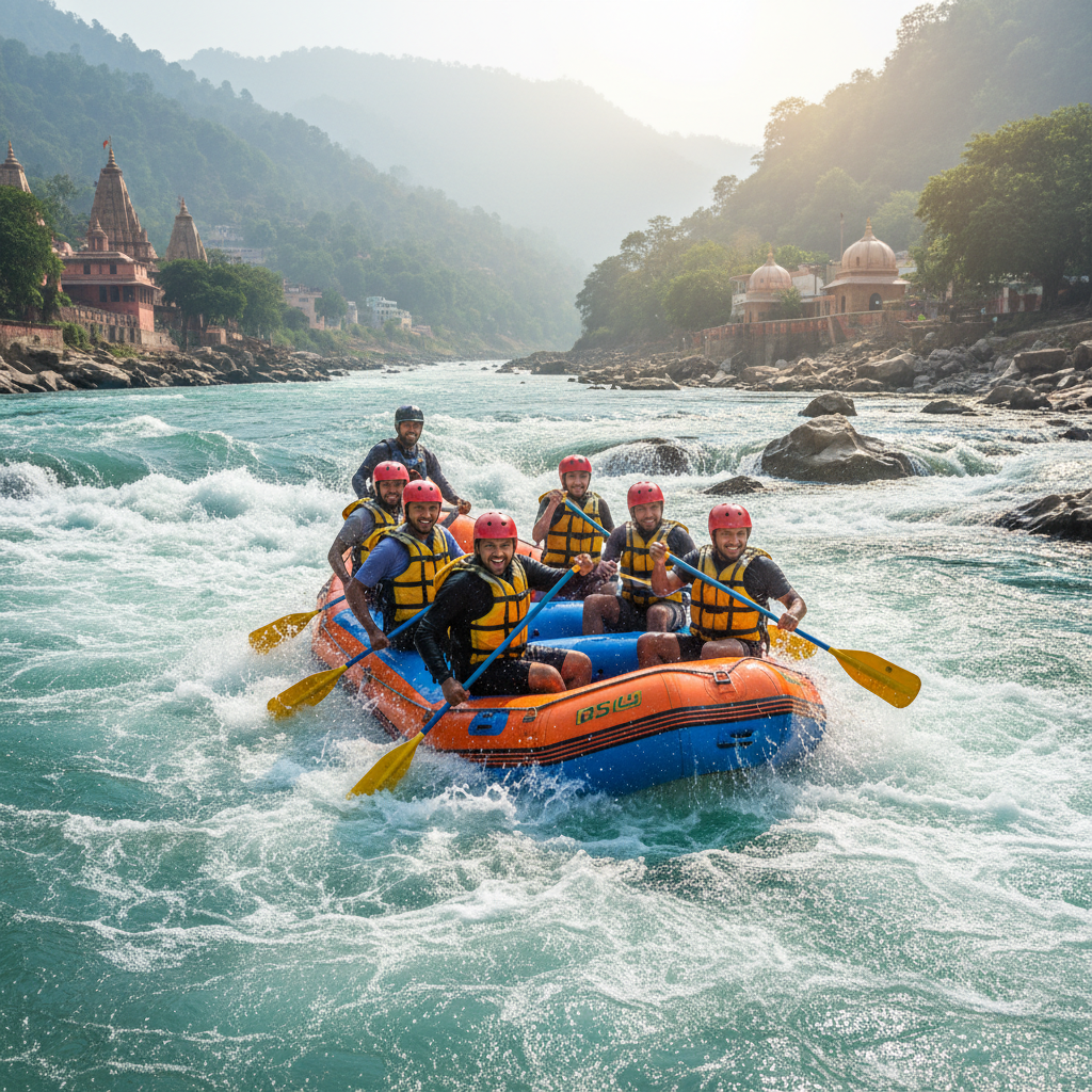 Group of people white water river rafting through rapids in Rishikesh