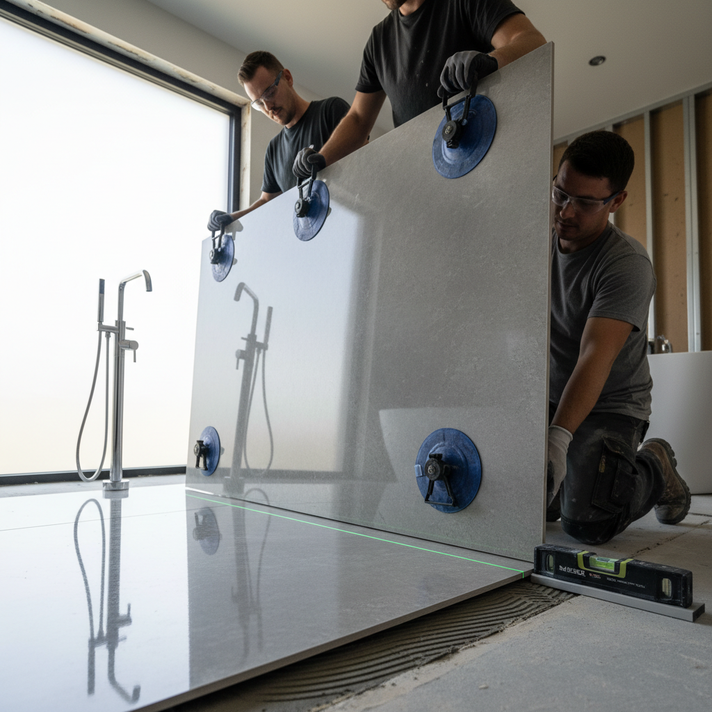 Trabajadores aplicando revestimiento de porcelanato en piso de gran formato
