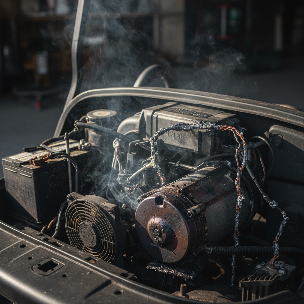 Golf cart engine compartment with overheating motor and improper wiring