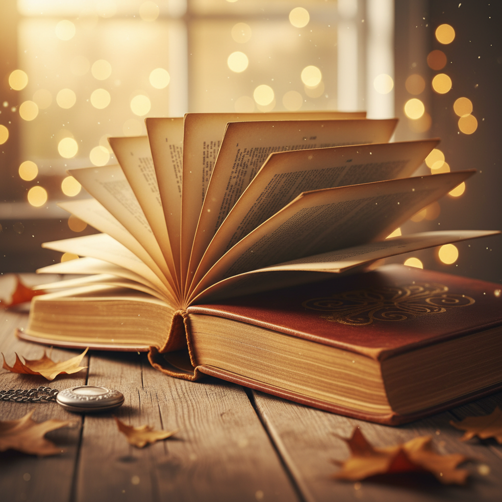 Open hardcover book with warm natural lighting, clean bright studio environment, cream pages, elegant editorial setting