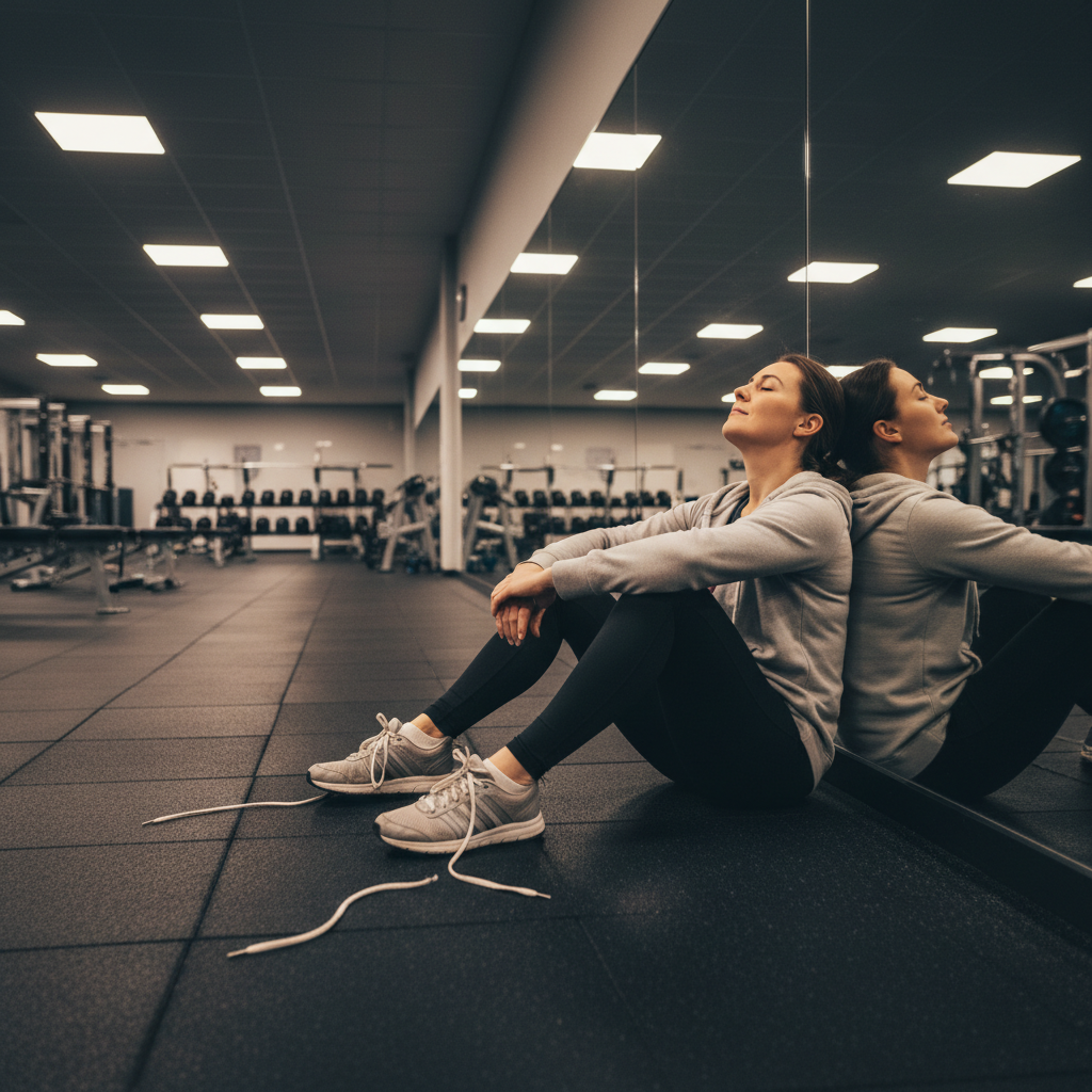 Fitness professional sitting alone on gym floor after hours, sneakers untied, head tilted back against mirror with eyes closed, black and white