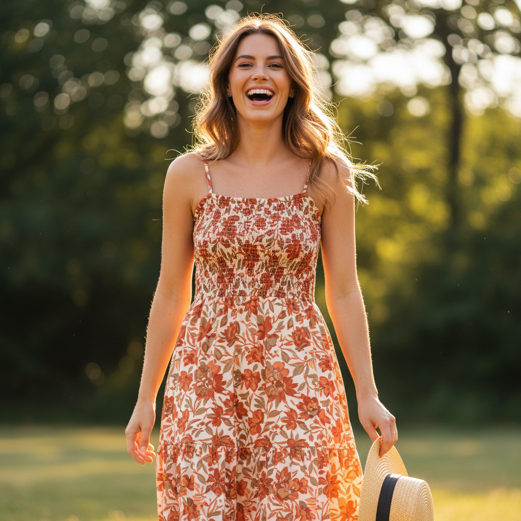 Boho smocked bodice tiered maxi dress in warm brown on model outdoors