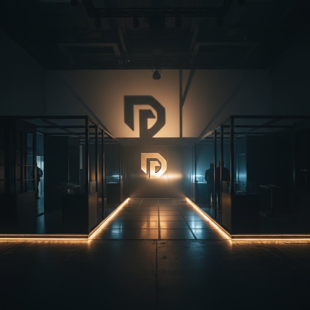 Corporate consulting conference dark atmospheric event photography with deep shadows and dim stage lighting