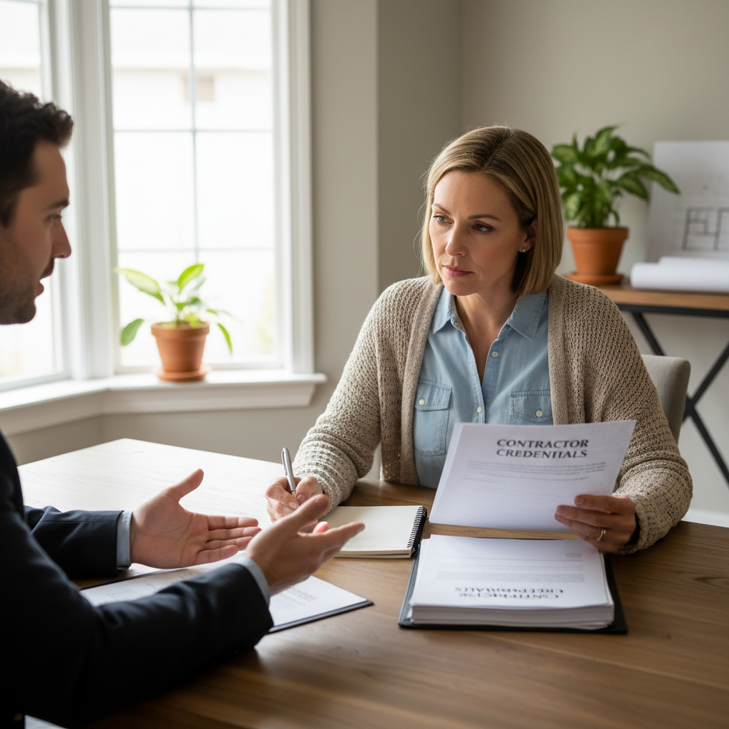 Contractor selection interview process with homeowner reviewing credentials and project proposals