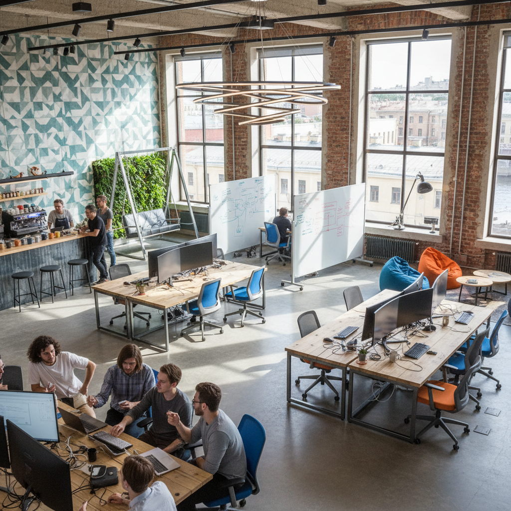 Modern creative office space in Liberty Village Toronto with exposed brick and concrete