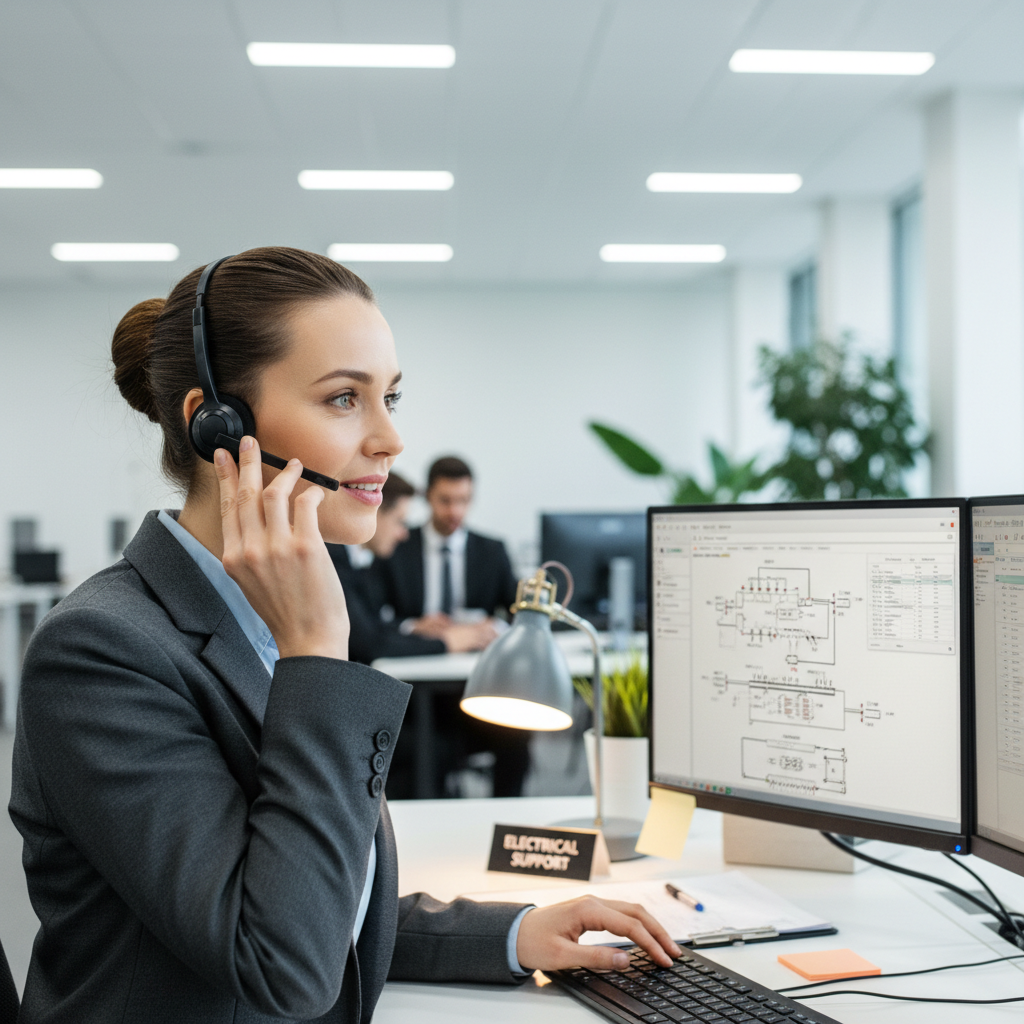 Customer service representative with headset in modern office environment