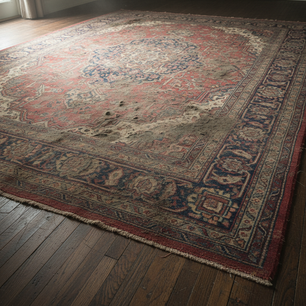 Colorful Persian area rug being cleaned with brush and foam solution on a well-lit floor