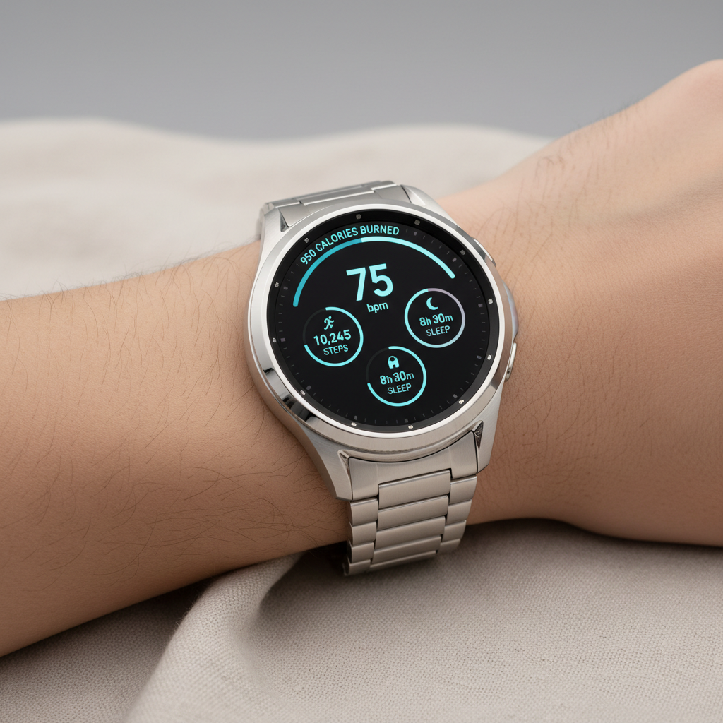 Samsung Galaxy Watch 7 in silver on white background showing health metrics