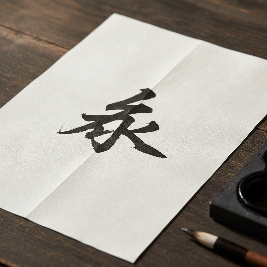 Chinese calligraphy brush writing characters on white rice paper with black ink on a wooden desk