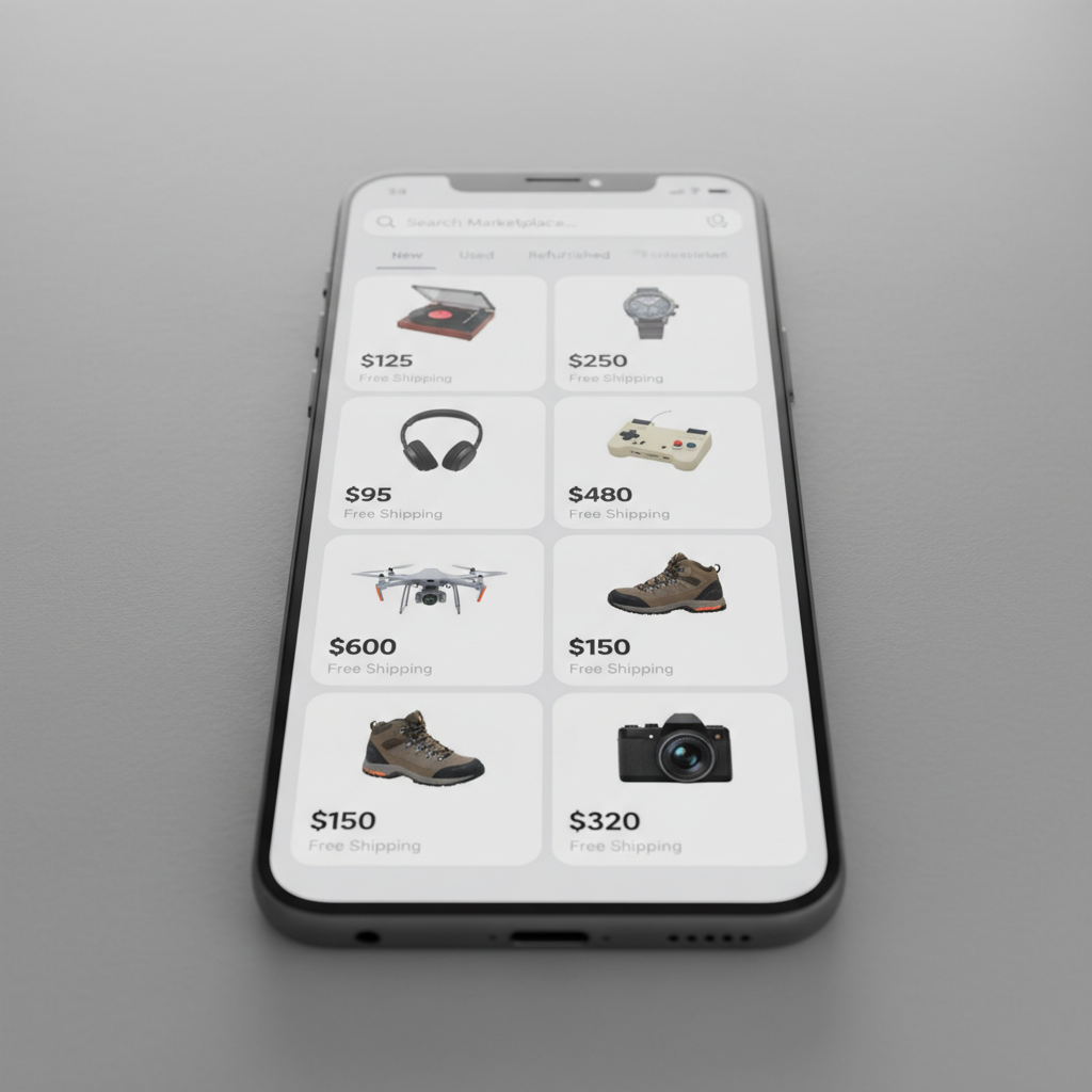 Phone screen showing multiple marketplace listing tiles with prices