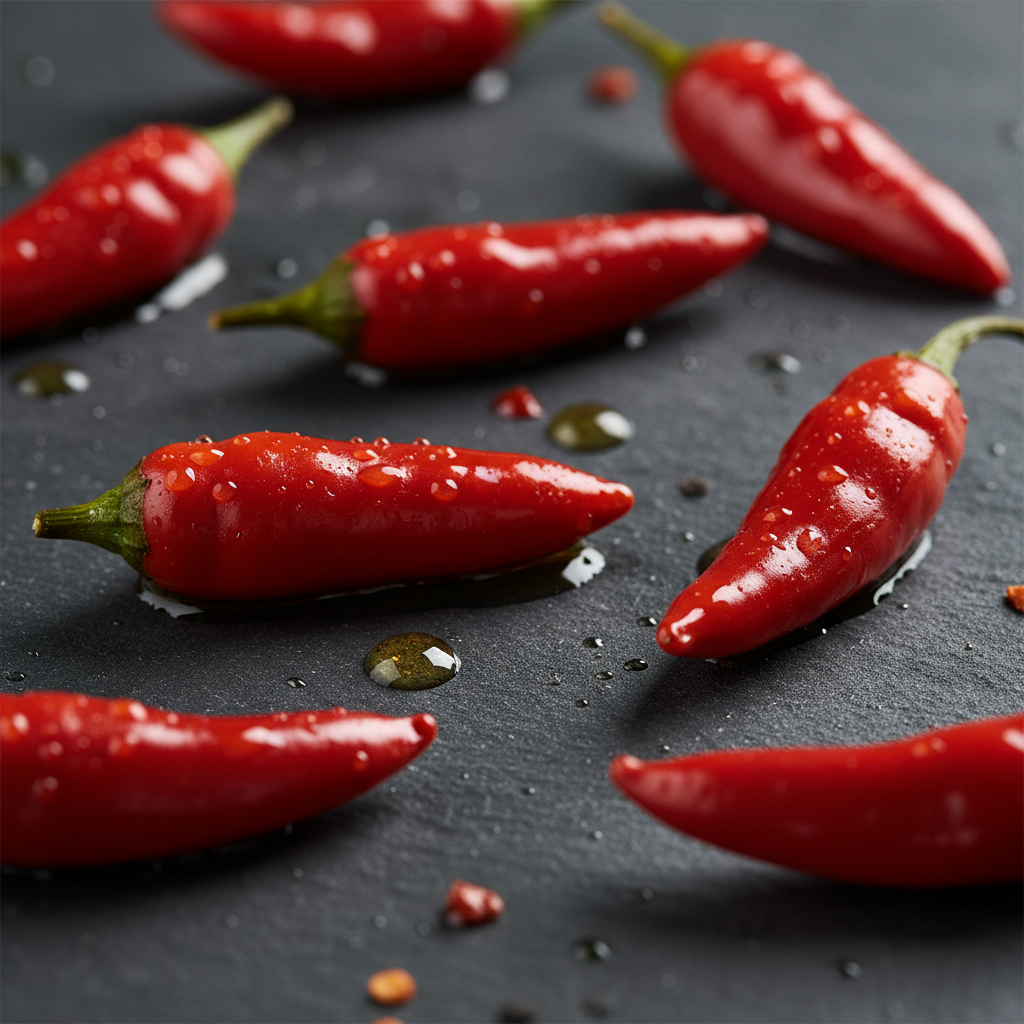 Peri-peri red chili peppers glistening with oil on a dark surface, intense red colour