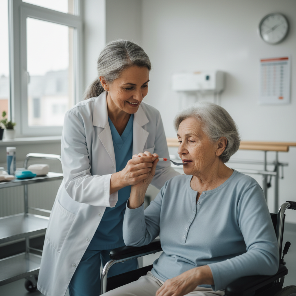 Susan Reinholt, geriatric occupational therapist, working with elderly patient on daily living activities