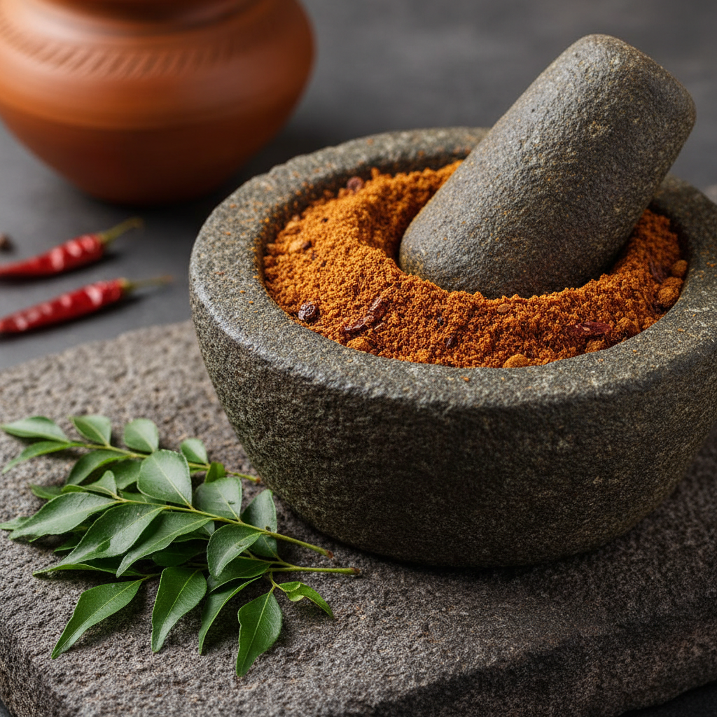 Deep red sambar powder in a small clay bowl with dried red chilies and curry leaves on a dark stone surface