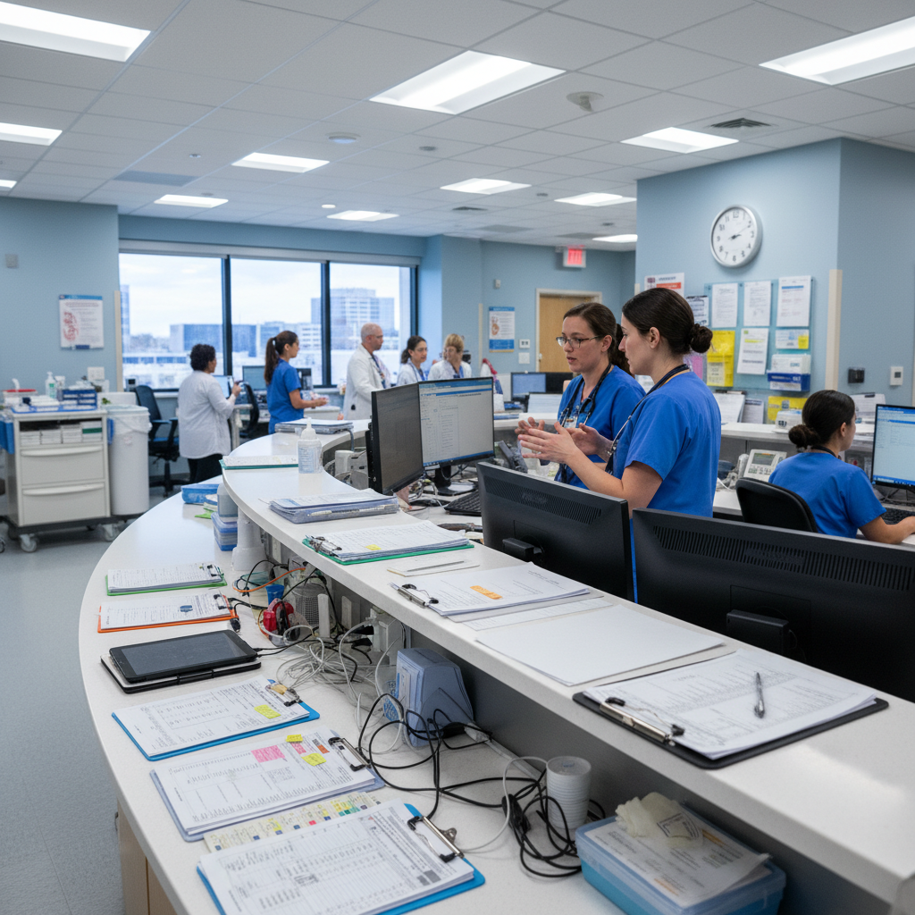 Busy nursing station with clipboards and monitors, a nurse mid-conversation in the background