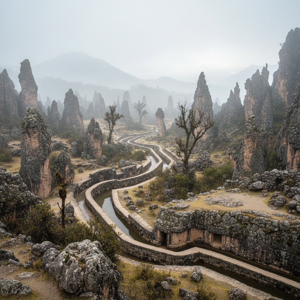 Canal preinca tallado en roca en Cumbemayo con bosque de piedras y neblina andina