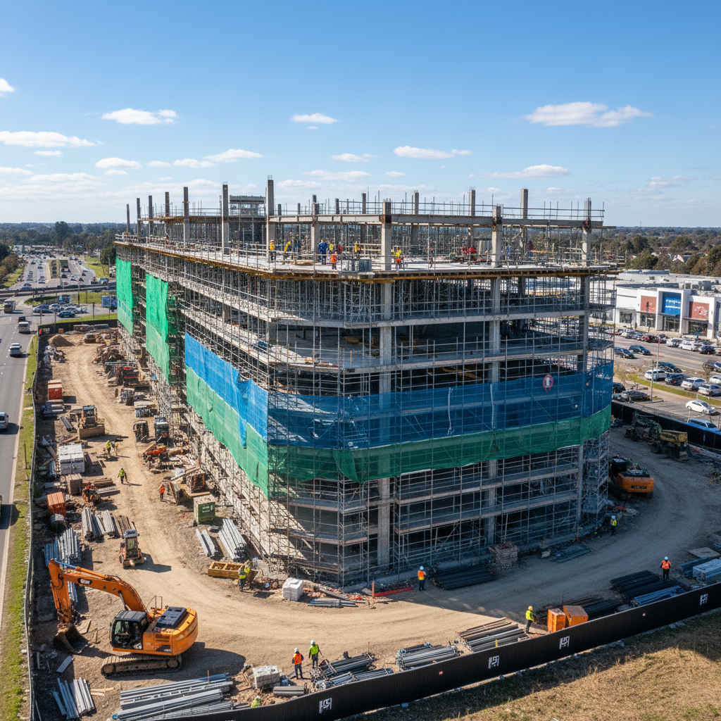 Commercial building under construction, concrete structure visible, workers on scaffolding, urban setting