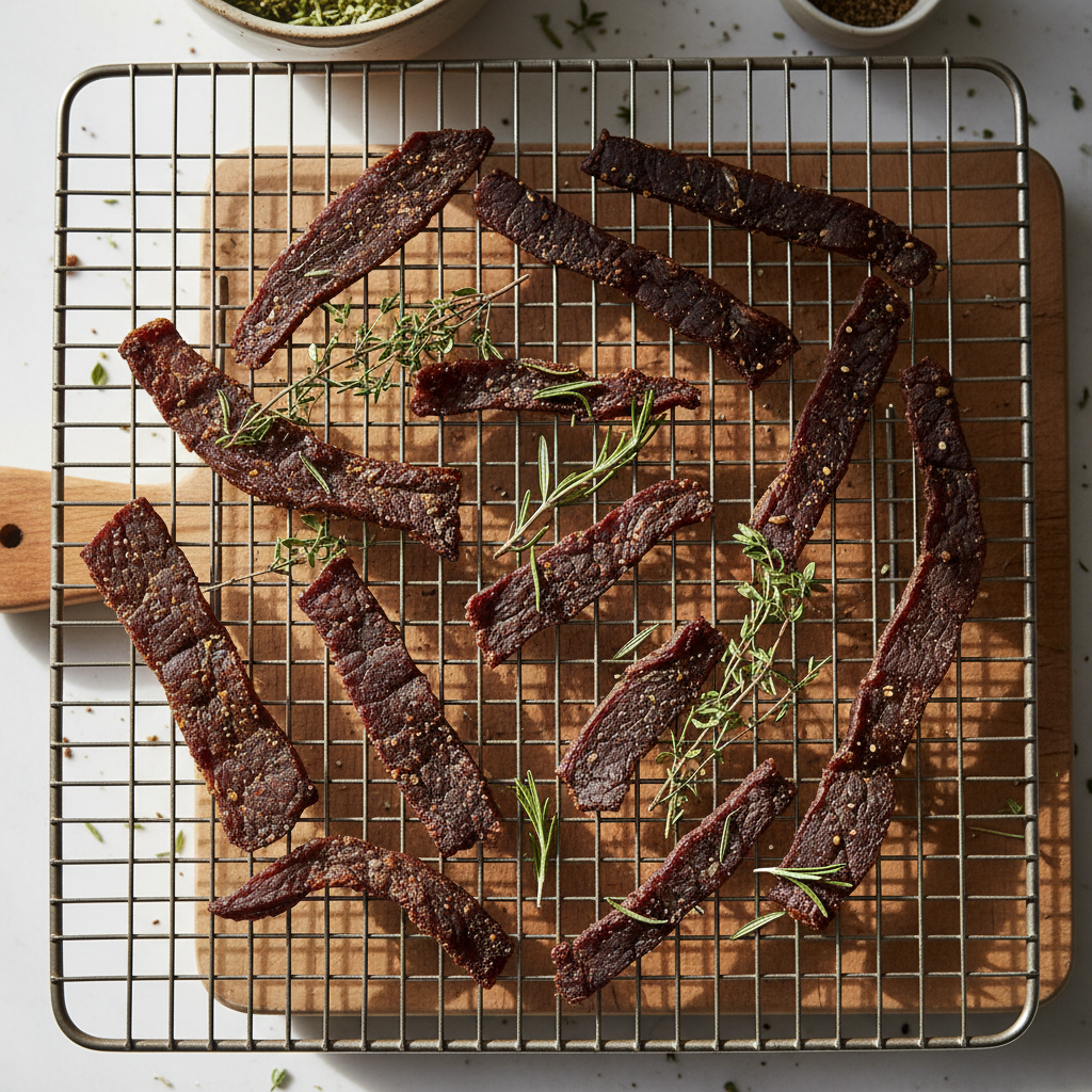 Homemade beef jerky and dried herbs spread on wire rack cooling
