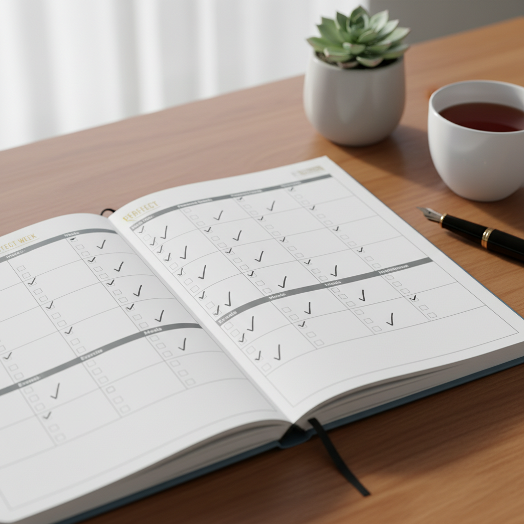 Open planner calendar with pen and organized schedule on a clean professional desk