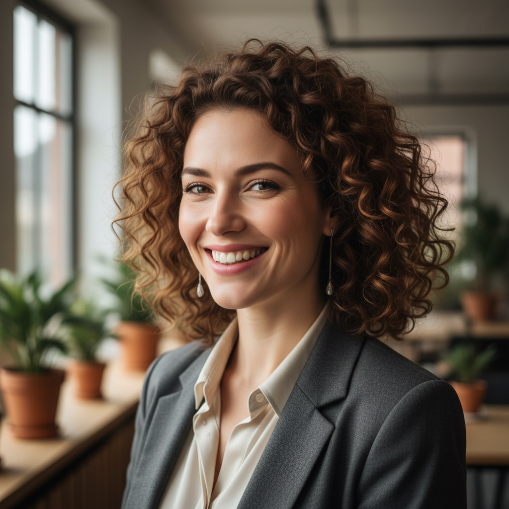 Portrait of Simone Vidal-Crane, celebrity stylist with dark curly hair