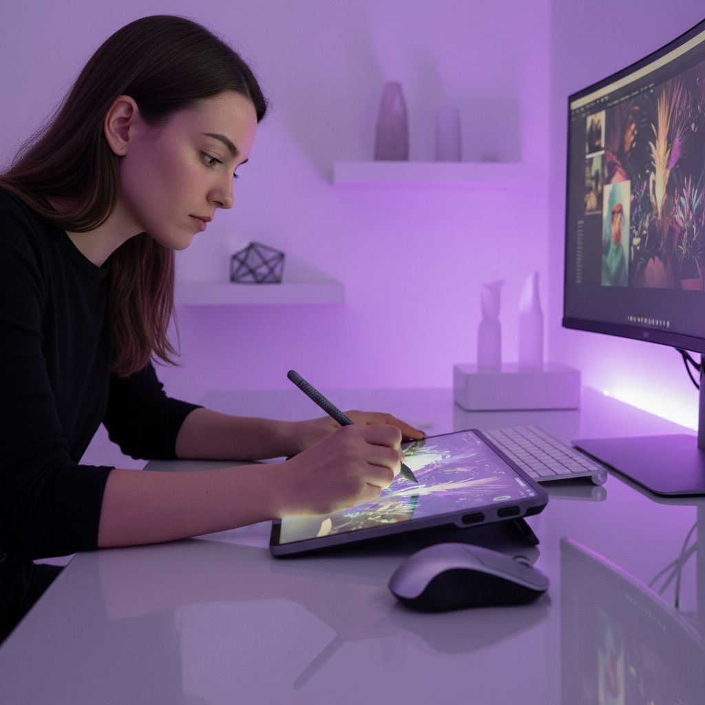 Digital art tools and brush strokes on a tablet screen, warm studio lighting