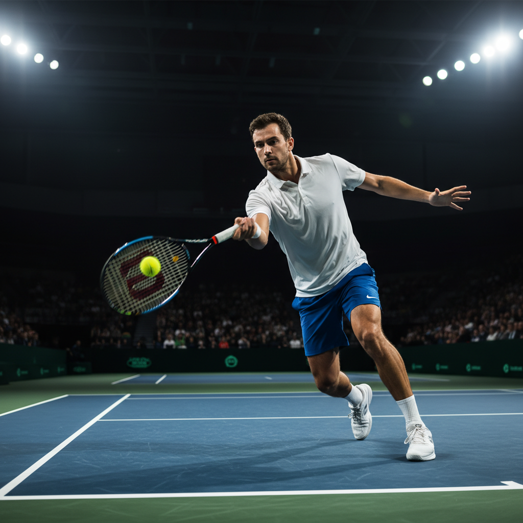 Tennis player mid-forehand on illuminated indoor hard court at night, motion blur on racquet