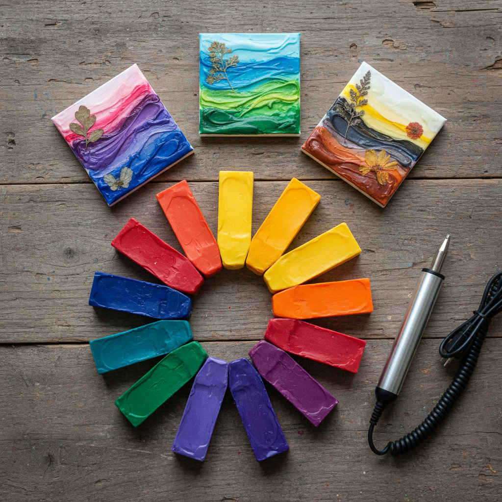 Encaustic art supplies laid out on wooden surface including colored wax blocks, a stylus tool, and finished wax painting samples