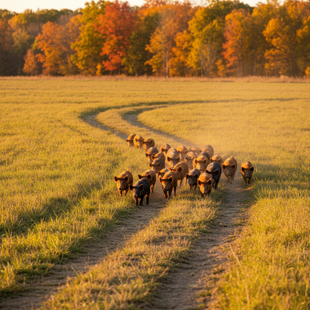 Golden hour view of a hog drove crossing an open pasture at Farrow farm with treeline turning autumn gold in the background