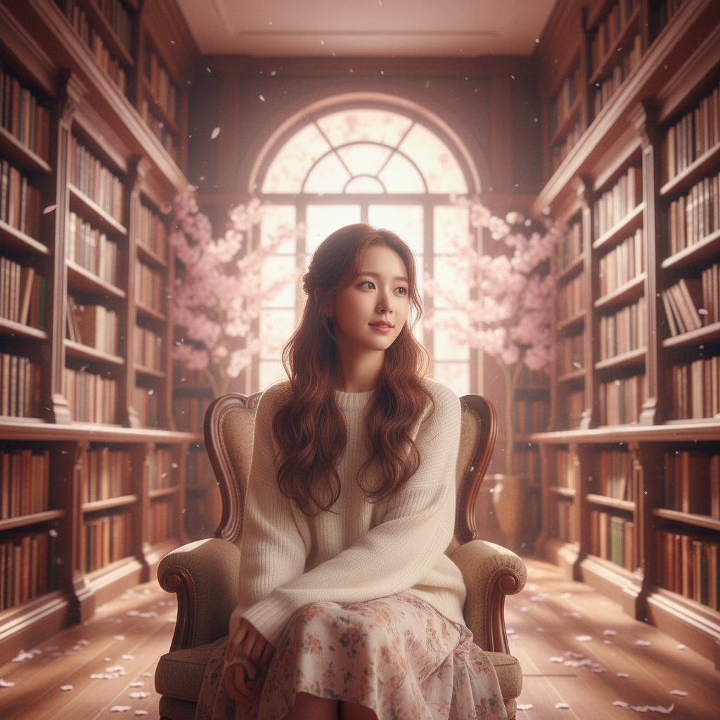 Soft Korean drama aesthetic girl in library with cherry blossom light, dreamy romantic atmosphere
