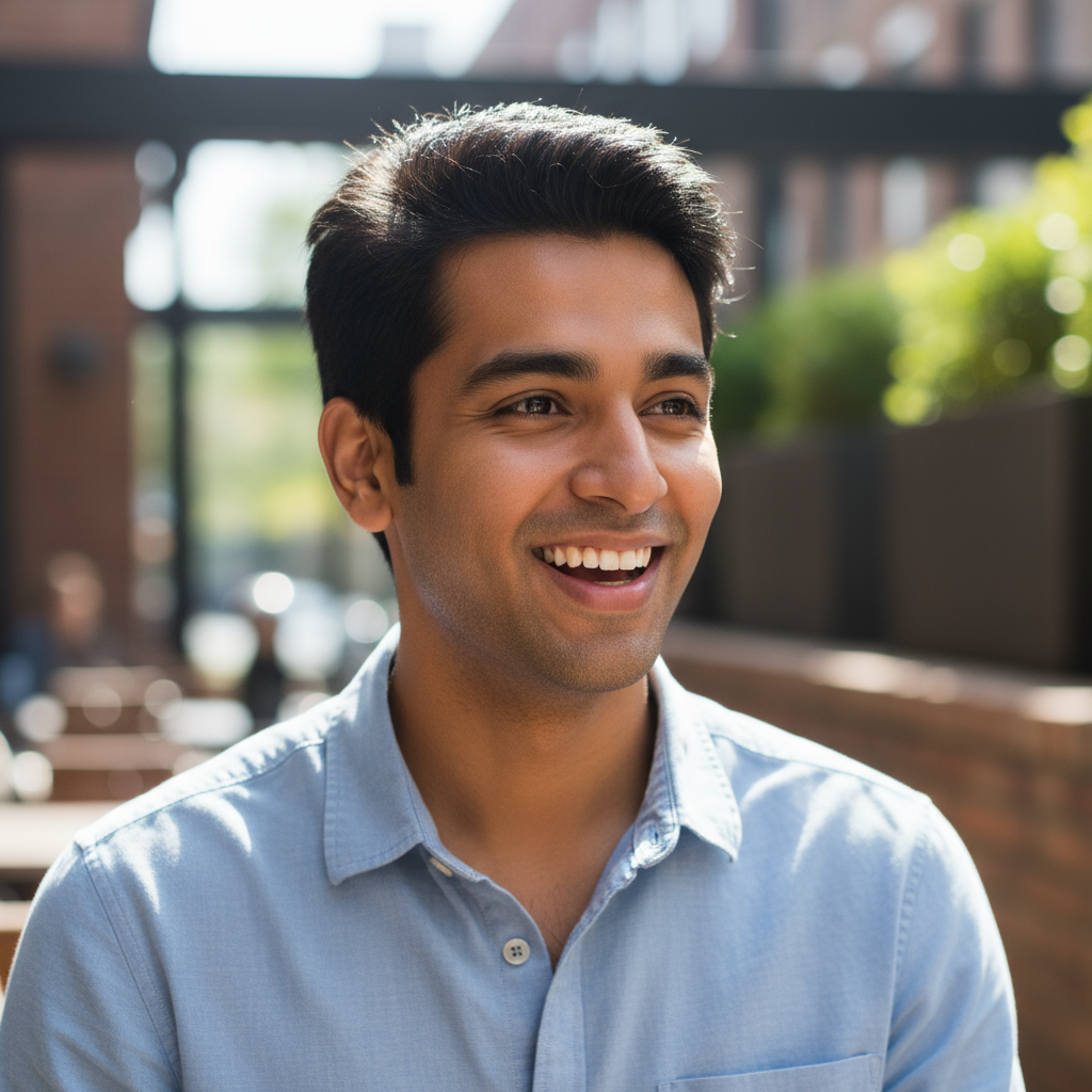 Young Indian man with short hair and a friendly smile wearing a casual blue shirt