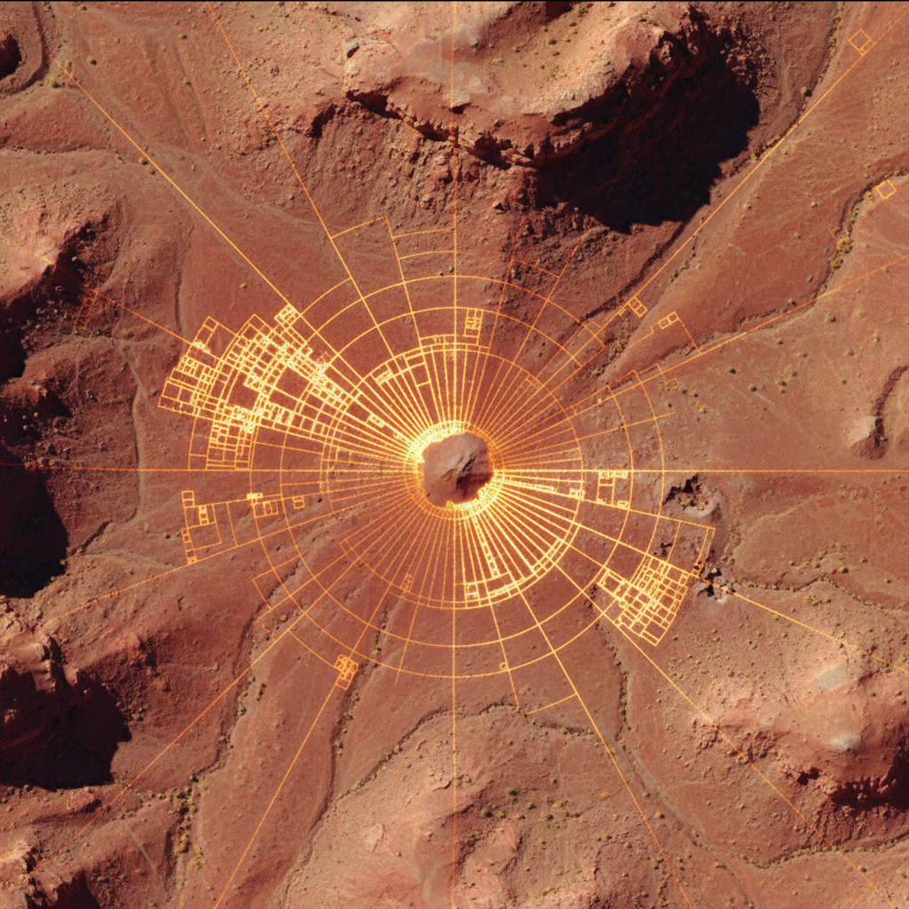Aerial desert infrastructure with pipeline network data overlays and heat mapping visualization, dark atmospheric satellite imagery